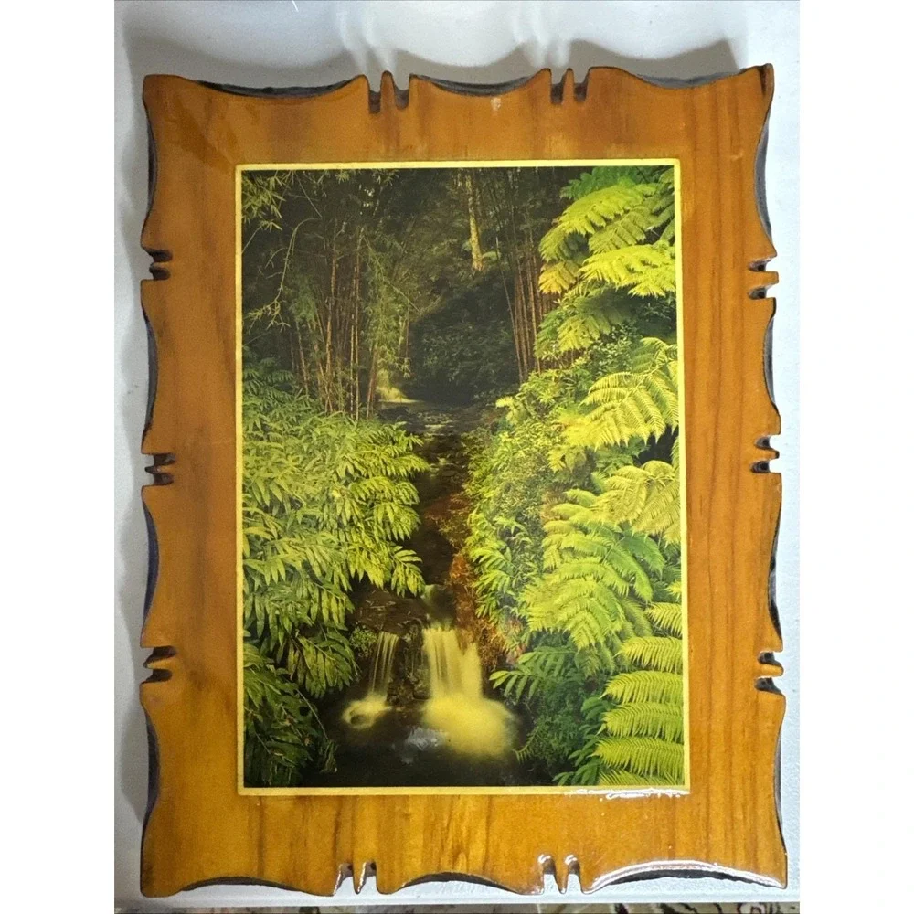 Vintage Lacquer Wooden Wall Art, Waterfall Greenery 9